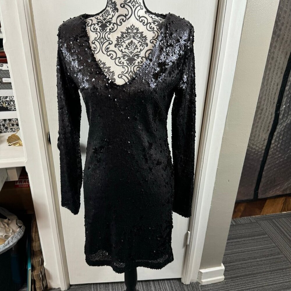 Golddigga UK black sequined long sleeve v-neck mini dress NYE cocktail